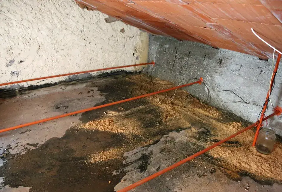 Sótano con agua acumulada por humedad freática y filtración en edificio de Huelva