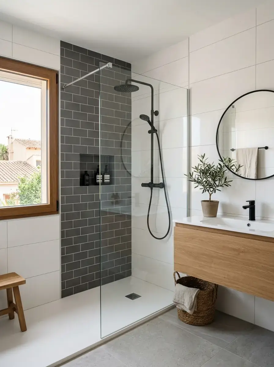 Baño reformado terminado con alicatado blanco de gran formato y ducha de obra con azulejos oscuros en Huelva