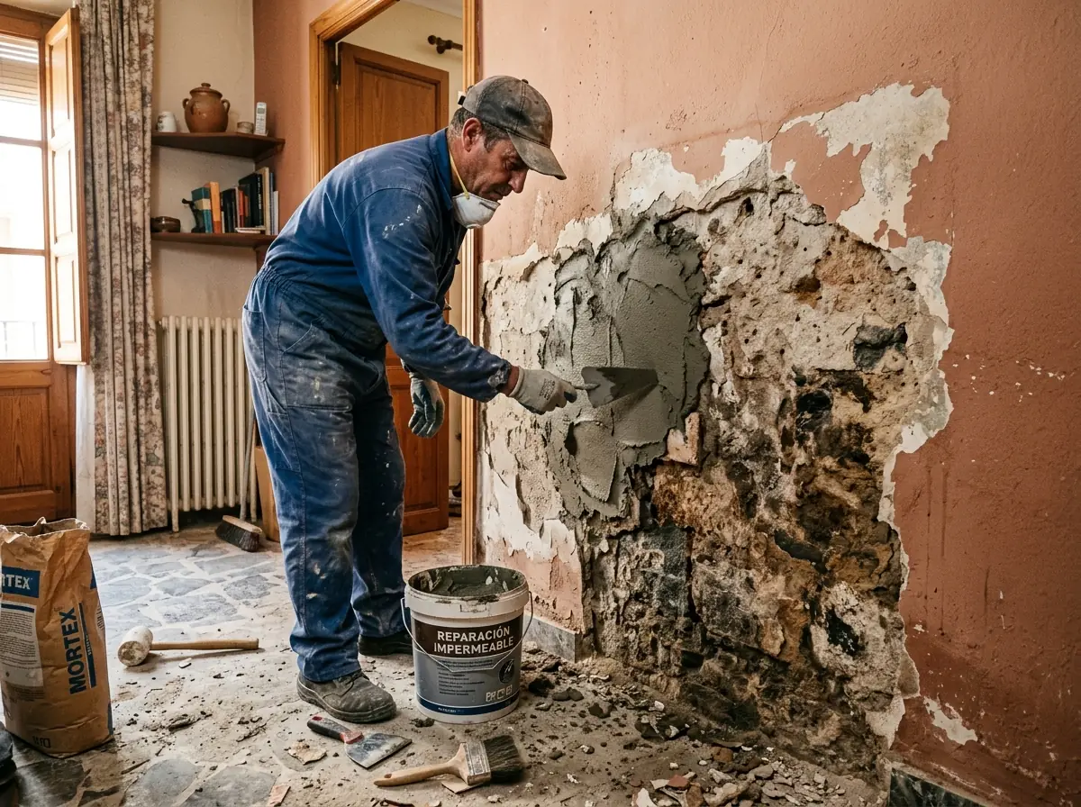 Aplicación de revoco transpirable antisalitre en pared de vivienda de la costa de Huelva